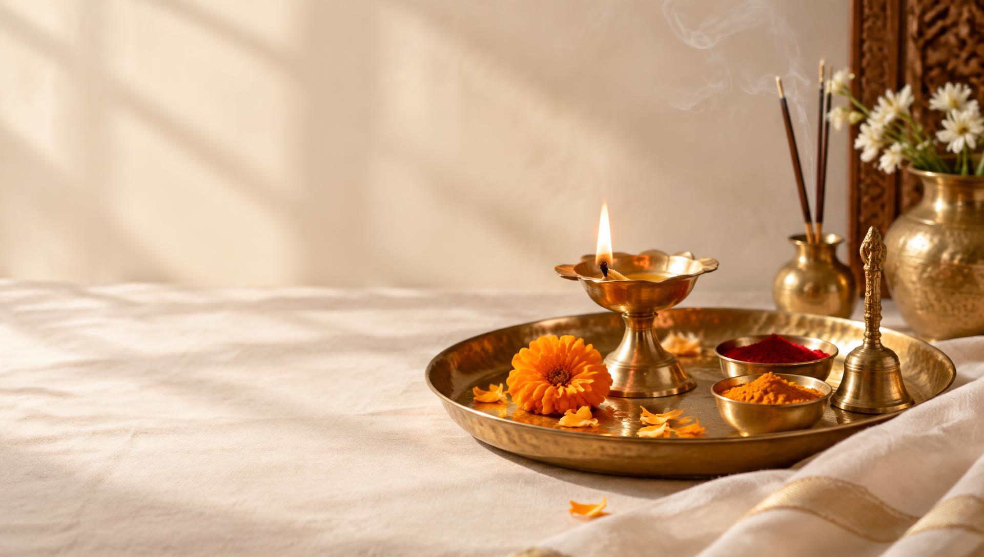 Brass puja thali with a lit diya, marigold and kumkum