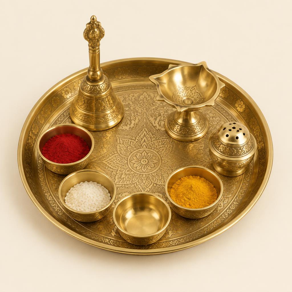 Engraved Brass Puja Thali Set