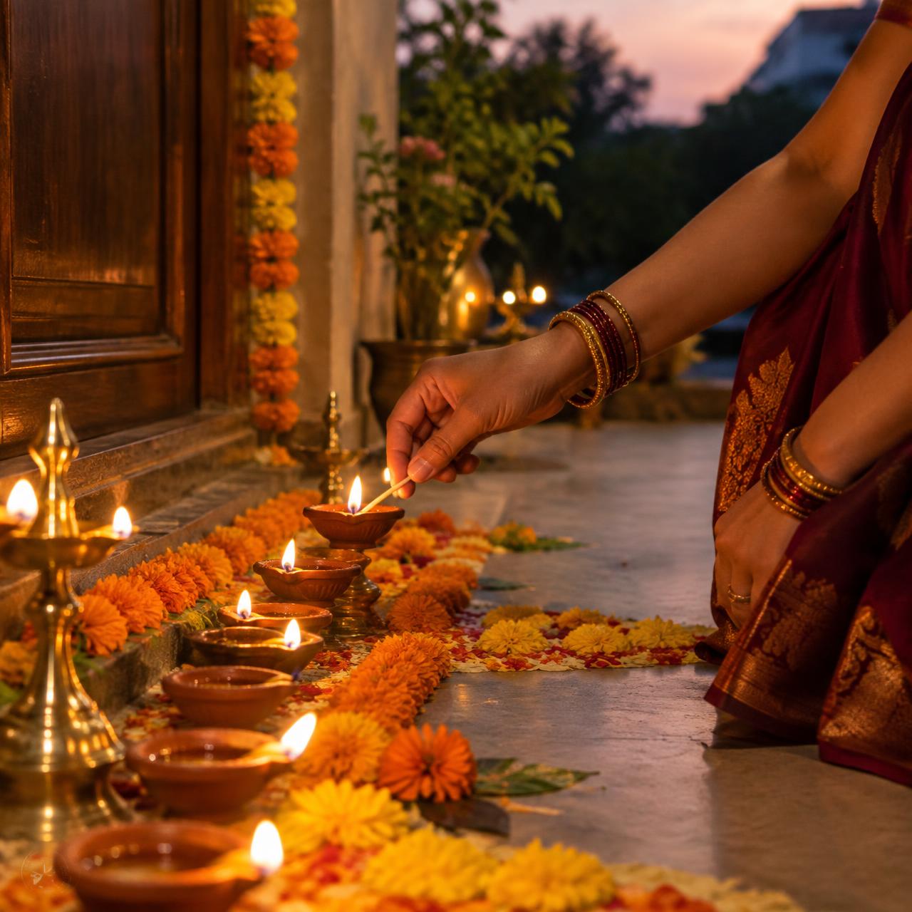Lighting diyas at a home doorstep with marigold rangoli